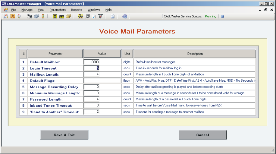 CALLMaster Manager - Parameters - Voice Mail