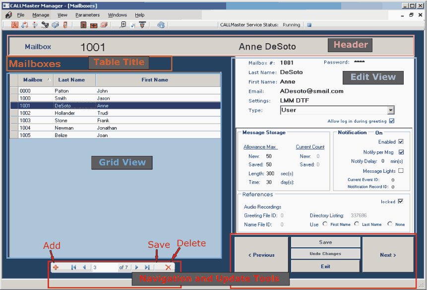 CALLMaster Manager Screen Components