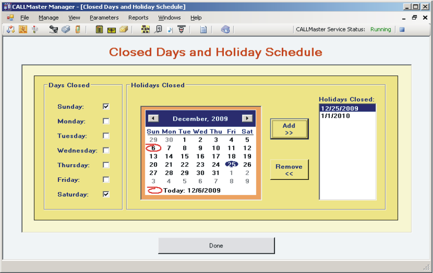 CALLMaster Manager - Parameters - Holidays