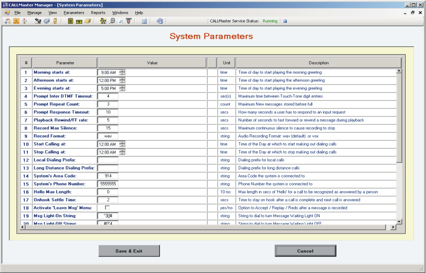 CALLMaster Manager - Parameters - System1
